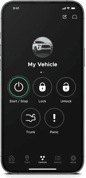 DroneMobile app on a phone showing remote Start / Stop, Lock, Unlock, Trunk, and Panic controls for a vehicle